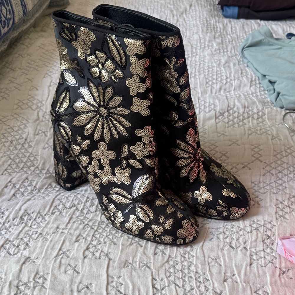 Nanette Lepore Black Ankle Boots with Gold Sequin Floral Design